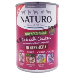 Naturo Dog Natural Pork with Chicken in a Herb Jelly - Кучешка консерва - Свинско и пилешко в билково желе, 390 гр.
