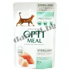 OptiMeal Sterilised Super Premium Cat Food Adult - Пауч за кастрирани котки с пуйка и пилешко филе в сос 85 гр