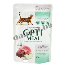 Пауч за израснали котки Opti Meal Grain Free Hairball Control - Патешко с дроб и ябълки в желе 85 гр