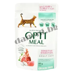 Opti Meal Grain Free Sensitive Digestion - Пълноценен котешки пауч за котка с чувствителен стомах - Агнешко и пуешко филе в сос 85г