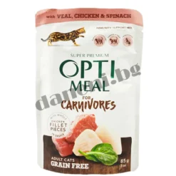 Opti Meal for Carnivores Grain Free - Пауч за котки с телешко и пилешко филе със спанак 85 гр