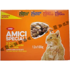 Пауч за котки Amici Speciali Pouch Adult Cat, Пиле, сьомга, агне и говеждо, 12 х 100 гр.